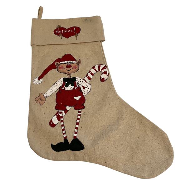 Westwater Ent. Primitive Christmas Stocking Elf Believe Folk Art Rustic 16" - Picture 2 of 8